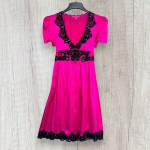 Vintage Y2K Betsey Johnson Silk Dress Hot Pink Black Lace Sequin Trim Party 6